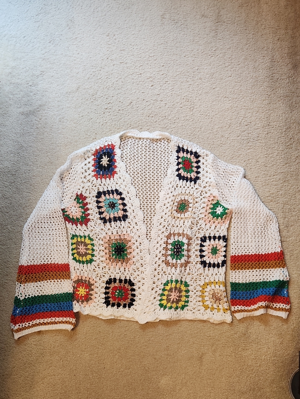Women's Crochet Open Front Granny Square Cardigan Size XL